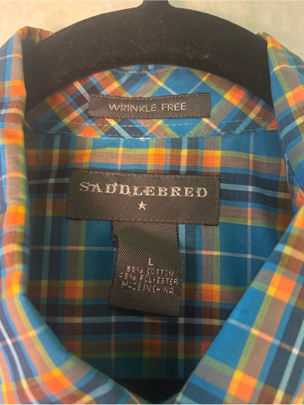 Saddlebred Blue Plaid Button-Down Shirt with Orange and Yellow Accents Large